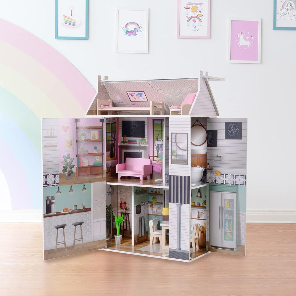 Casă de păpuși interactivă din lemn pentru copii, Olivia's Little World, Dreamland, cu 3 etaje și 13 accesorii pentru mobilier de păpuși, albă, TD-13632A