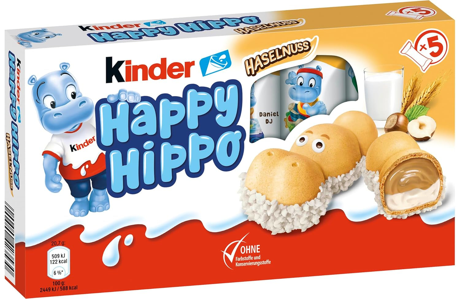 Kinder Happy Hippo Hazelnut - Specialty Crunchy Wafers with Milk and Hazelnut Cream - Carnival and Mardi Gras Sweets - 1 pack containing 5 individual bars of 20.7g each