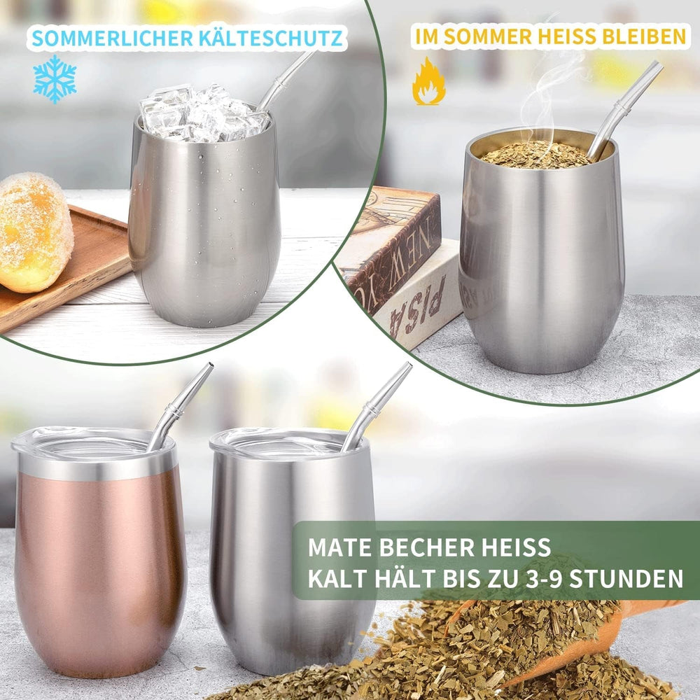Cana modernă pentru mate 340 ml, set de căni pentru yerba mate din oțel inoxidabil cu pereți dubli izolați, cană pentru ceai mate cu capac fără BPA, bombillas și o perie de curățare (argintiu)