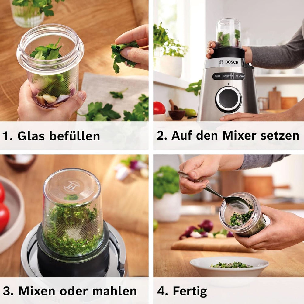 Bosch Standmixer Vitapower Serie 4 MMB6177S, Edelstahl-Klingen Made in Germany, 1.5L Thermosafe Glasbehälter, 0.6L To-Go-Flasche, Stopfer, Universalzerkleinerer, 30,000 U/Min, 1200 W, Silver Kitchen Naty Shop