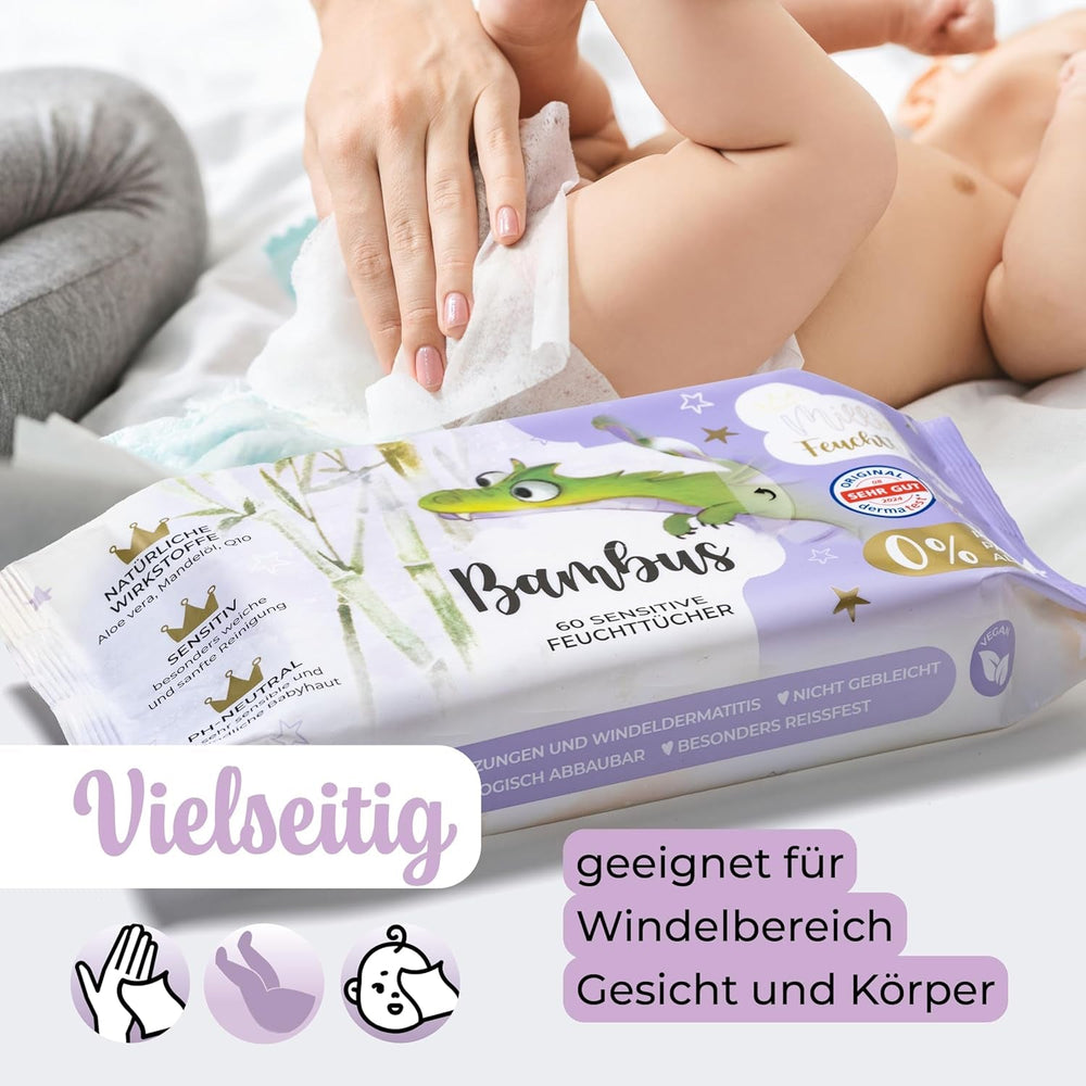 Șervețele umede Millis Bamboo Baby Sensitive pentru pielea delicată a bebelușilor – 5 x 60 bucăți – Curățare naturală, blândă și sustenabilă – Șervețele biodegradabile pentru bebeluși, fără plastic și fără alcool