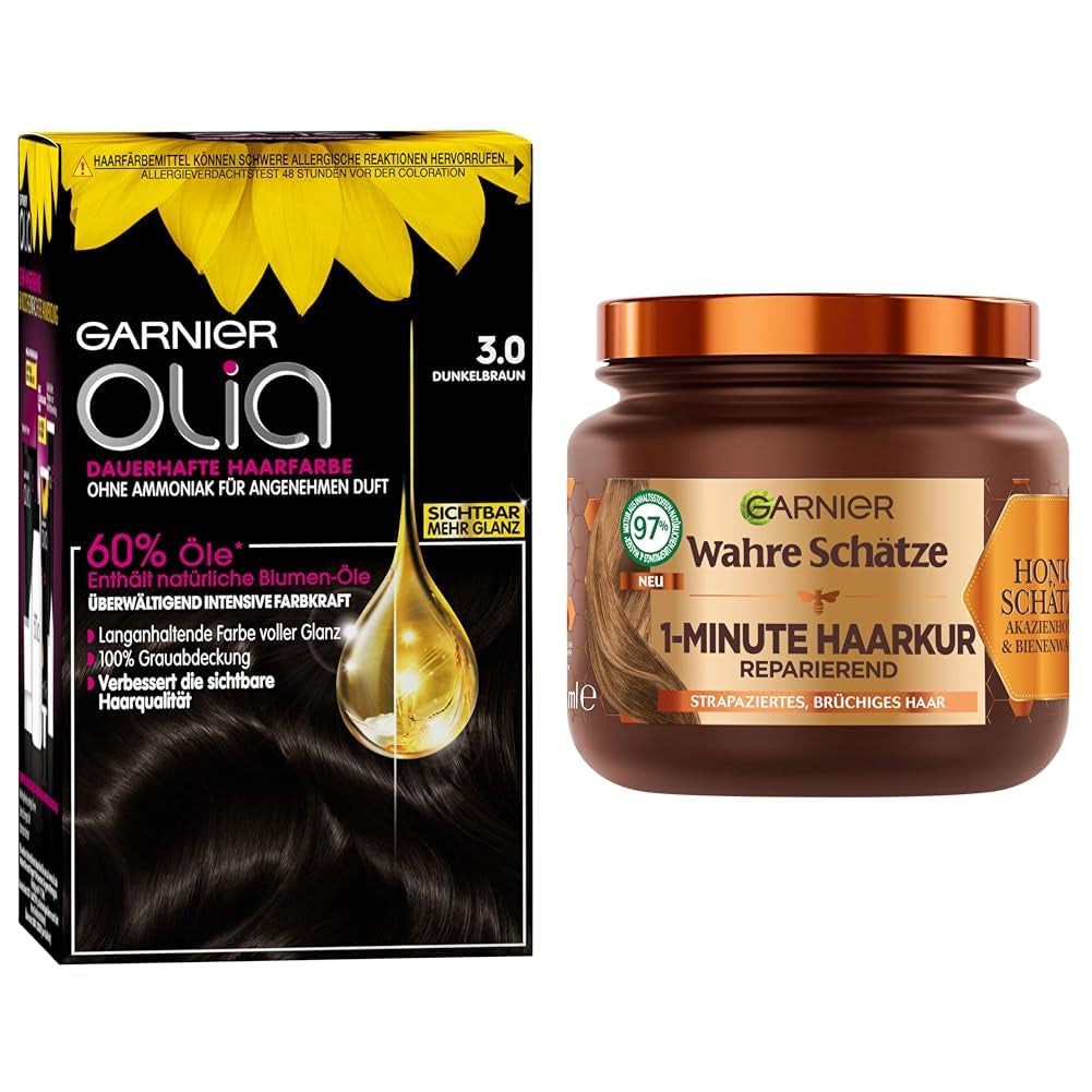 Garnier Colour & Care Set: Olia 3.0 Dark Brown Permanent Hair Colour + Repairing Hair Treatment (340ml) | Cu miere de acacia și ceară de albine pentru strălucire și suplețe | Fără amoniac Vopsea pentru par Naty Shop Titlu implicit