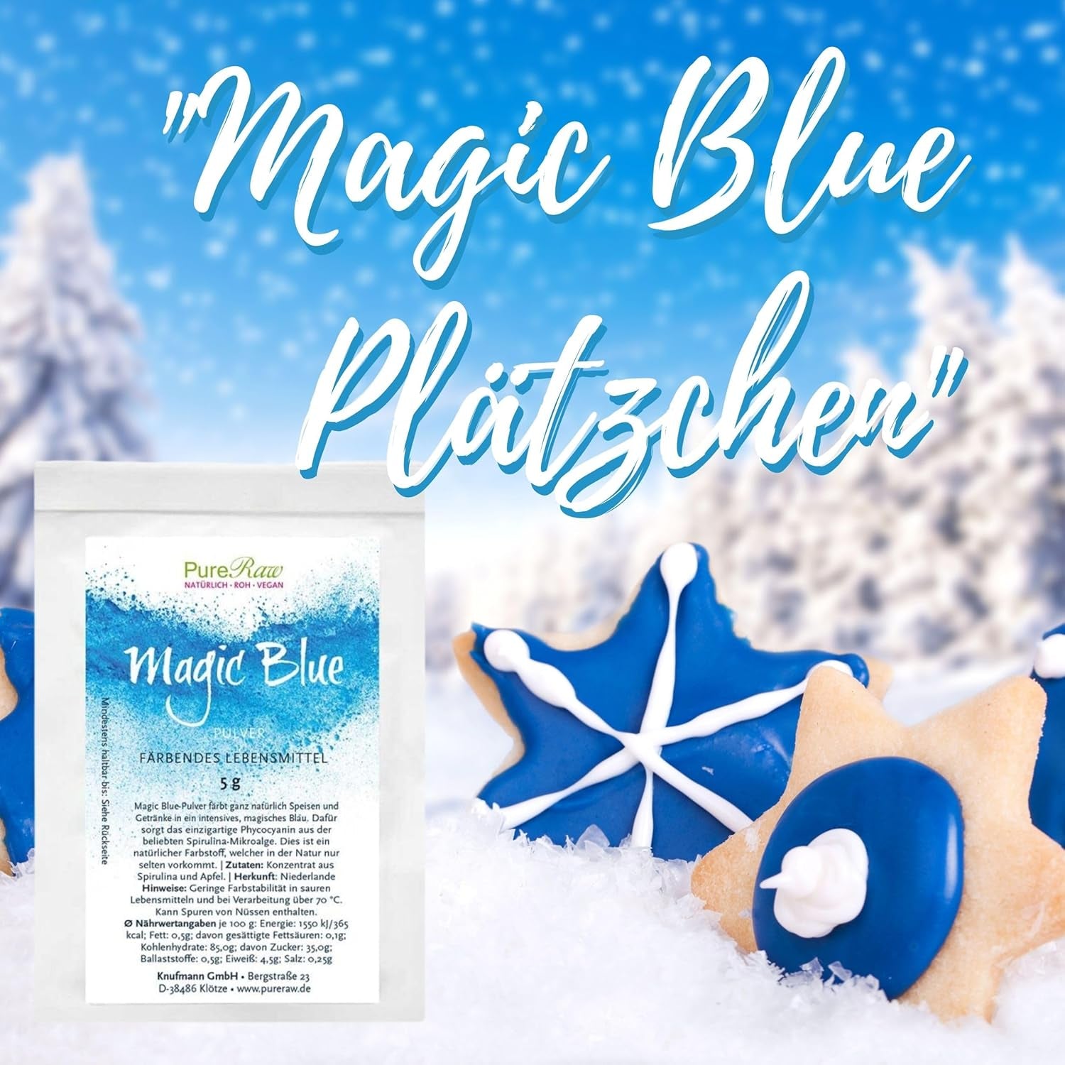 Colorant alimentar natural albastru pudră Magic Blue Spirulina (vegan crud) Albastru închis până la albastru deschis pastel - Colorant alimentar pudră cu alge ficocianină - Colorant alimentar natural | Pureraw 5G