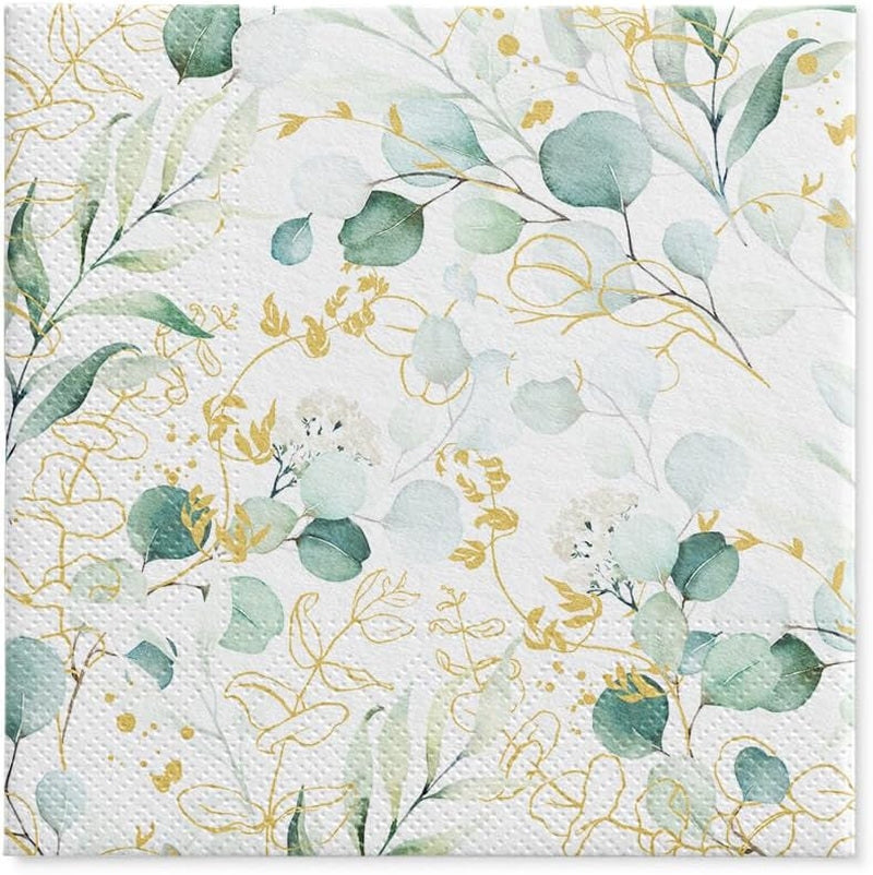 PAW - Șervețele 3 straturi (33 X 33 Cm) I 20 bucăți I Perfect pentru zile de naștere, petreceri, nunți, comuniuni și sărbători I Decor de masă Șervețele de hârtie elegante - Eucalipt auriu I Eucalipt auriu