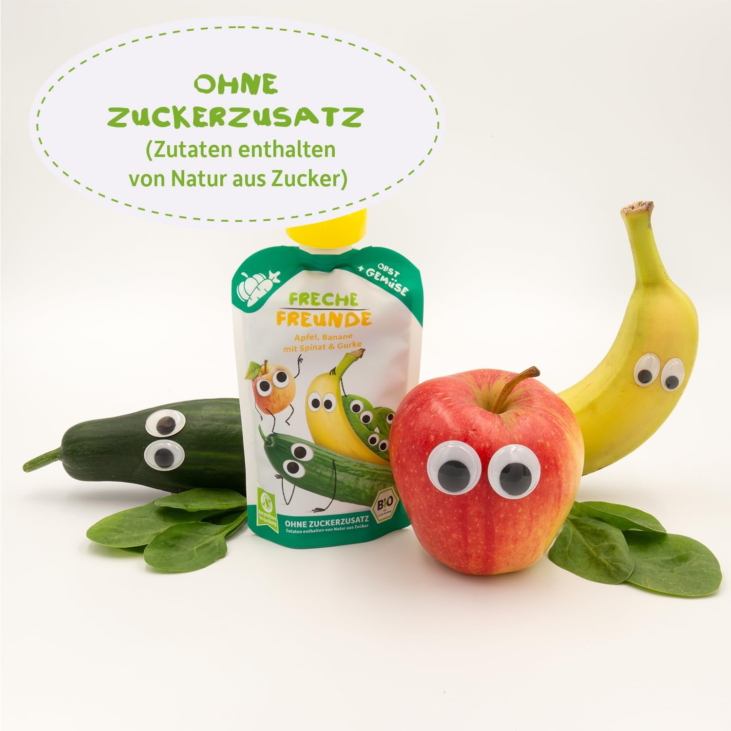 FRECHE FREUNDE Organic Squeezable Fruit Pouch with Apples, Bananas, Spinach and Cucumber, Pureed Fruit and Vegetables in a Squeezable Pouch for Babies from 6 Months, Vegan, Pack of 6 (6 x 100g)