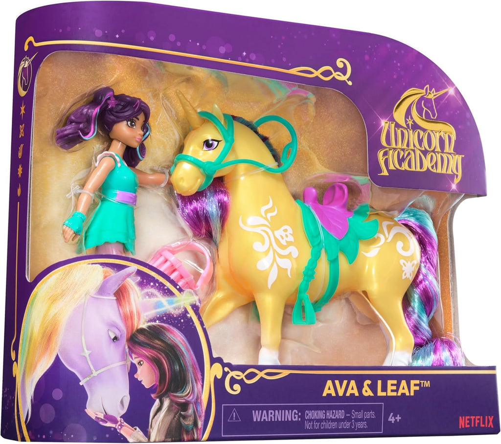 Unicorn Academy AVA și Unicorn Leaf Set - Figurine originale de aproximativ 12 cm înălțime din popularul serial Netflix Cu două accesorii și perii de păr Pentru jocuri de rol imaginative, pentru copii cu vârsta de 4 ani și peste Action figures Naty Shop