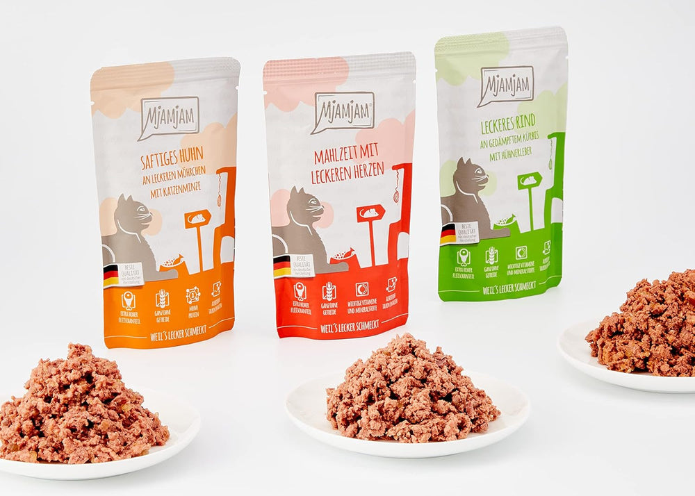 MjAMjAM - Hrană umedă premium pentru pisici - Pachet mixt I - Pui, Vită, Inimi, pachet de 12 (12 x 125 g), fără cereale cu carne suplimentară