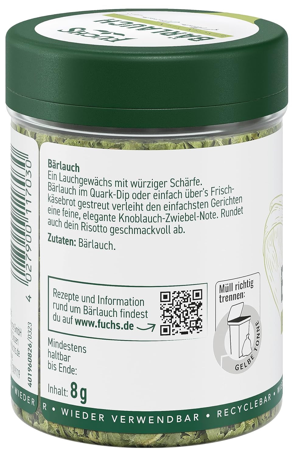 Fuchs Gewürze - Bärlauch geschnitten - würzige Schärfe für Quark-Dips, Frischkäse oder Risotto - natural ingredients - 8 g in wiederverwendbarer, recyclebarer Dose