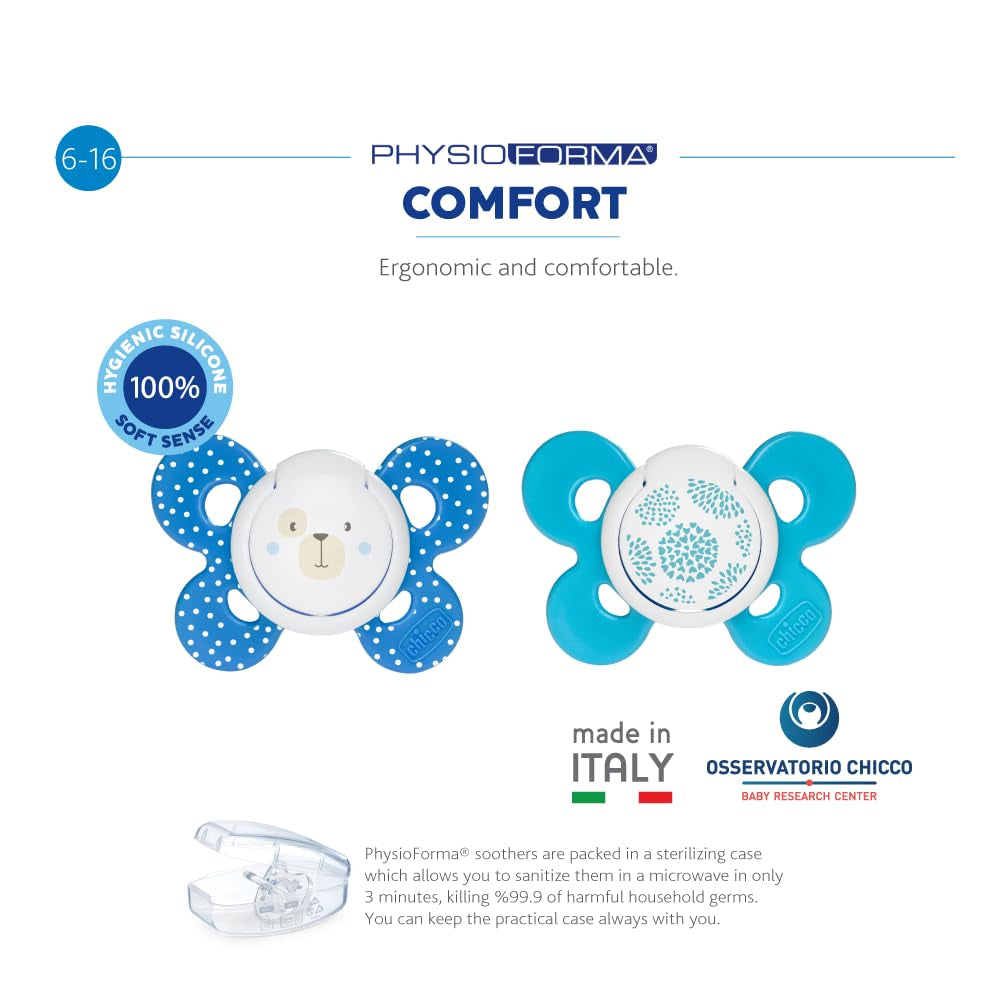 Chicco PhysioForma Comfort Suzetă 6-16 Luni, 1 Bucată, Suzetă cu Tetină din Silicon, Susține Respirația Fiziologică și Promovează Dezvoltarea Orală Corectă, Albastră