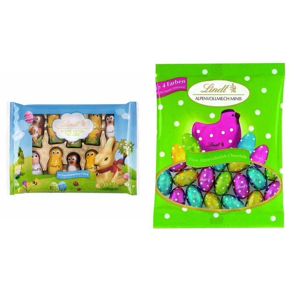 Little Easter Friends with Chocolate | 2 x 100 g and Chocolate Decoration Mini Eggs with Alpine Milk | 2 x 180 g Sachets | Premium milk chocolate eggs, cheerfully and colorfully packaged, in four colors for Easter