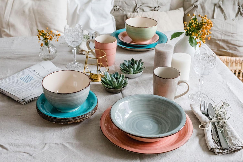 MÄSER 931875 Bel Tempo II, Set de veselă pentru 6 persoane cu aspect vintage modern, Serviciu de masă cu 18 piese, Veselă ceramică pictată manual, Gresie, Albastru fumuriu