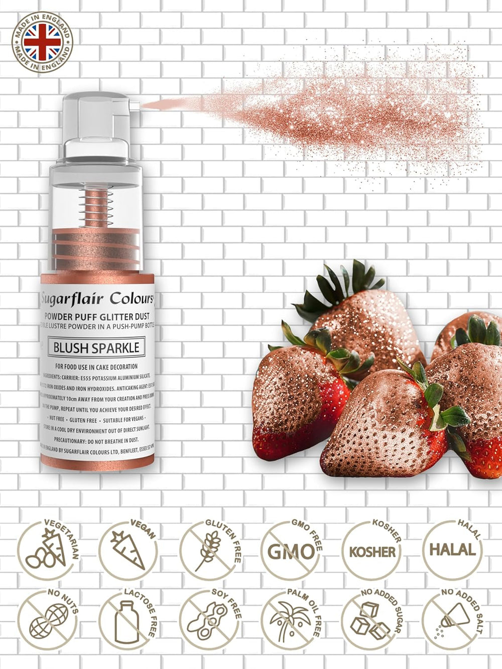 Spray pudră cu pompă Sugarflair, sclipici, Blush, sclipici - colorant alimentar pentru tort, spray fără aerosoli pentru torturi, brioșe și multe altele - 10 g