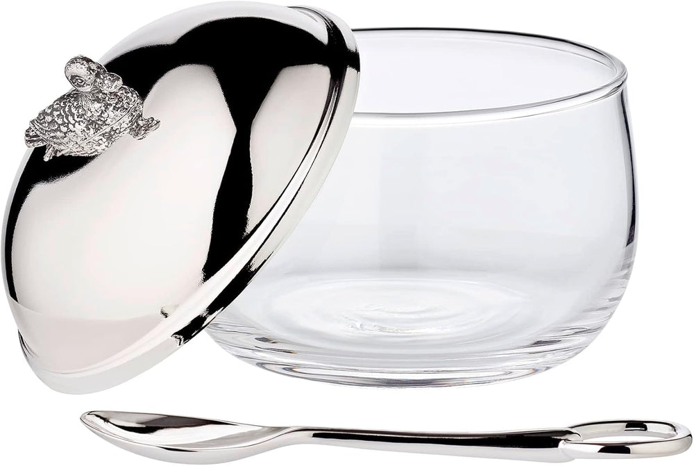 Borcan de dulceață de rață EDZARD (Ø 10 cm) din argint și sticlă - Cutie și lingură - Bol, recipient pentru zahăr, brânză - Borcan de dulceață cu capac, depozitare cu capac, cutie cu încuietoare cadou