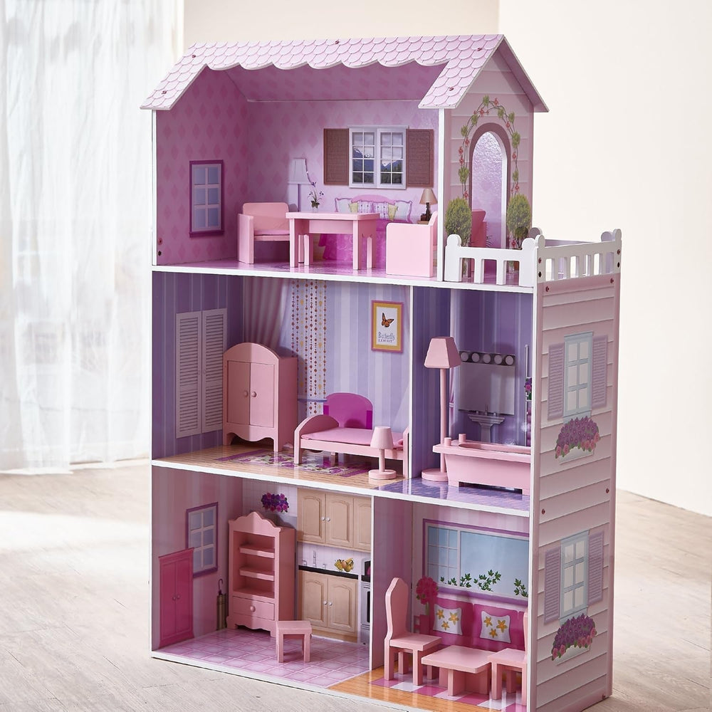 Olivia's Small World Giant Dollhouse, Large Wooden Dollhouse with Furniture and Accessories, 3-Story Dollhouse for Kids, Dollhouse for 12" Dolls, 3 Years + Naty Shop Dollhouses