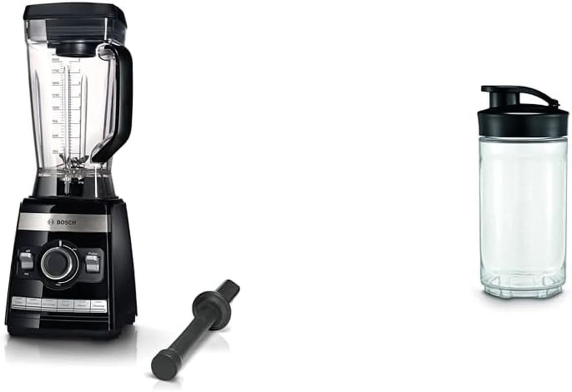 Bosch Standmixer Vitaboost MMBH6P6BDE, 6-Klingen-Edelstahlmesser, 2.5L Tritan-Mixbehälter, Stopfer, 6 Automatikprogramme, Rezeptbuch, Bpa-Frei, Einfache Reinigung, 45,000 U/Min, 1600 W, Schwarz Bucatarie Naty Shop Bundle Mit Becher 300Ml 6 Automatikprogramme Deutsches Rezeptbuch