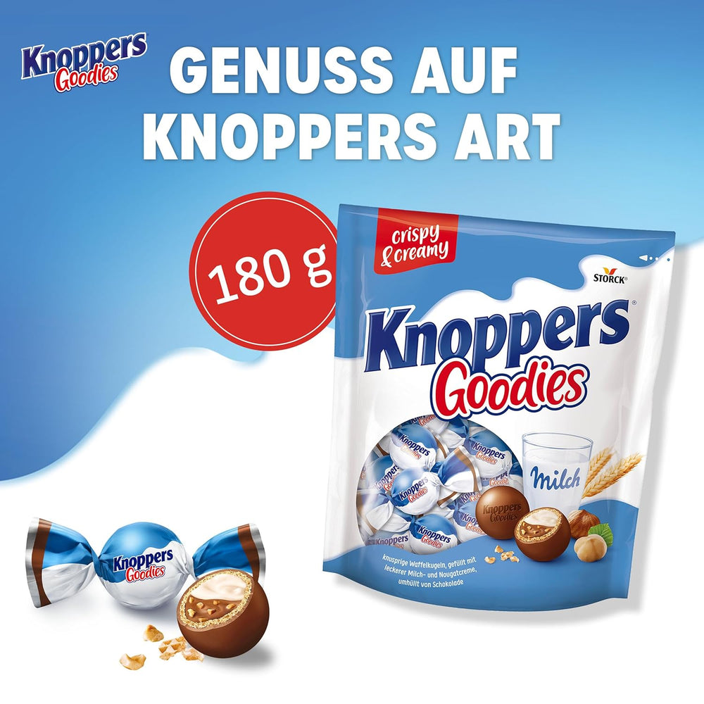 Knoppers Goodies Crunchy Minis – 1 x 180g – crunchy wafer balls filled with pieces of hazelnut, milk and nougat cream, covered in chocolate