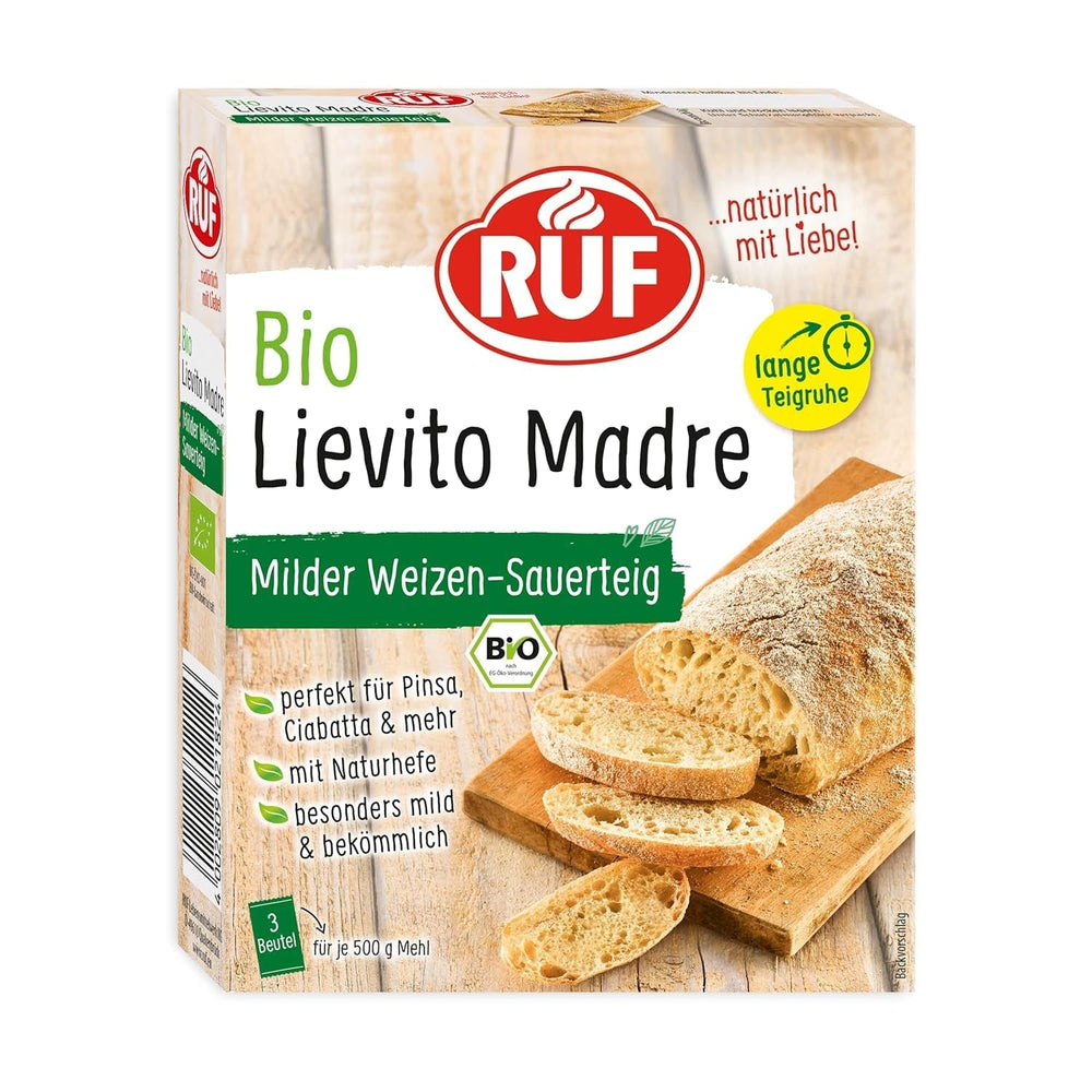 RUF Lievito Madre Sauerteig, Milder Weizen-Sauerteig, Mutterteig, Kurze Teigruhe Durch Enthaltene Trockenhefe, Lievito Madre Getrocknet Für Brot, Baguette, Focaccia, 3X35G Mixture for baking and cooking Naty Shop 105 G (1Er Pack) Lange Teigruhe