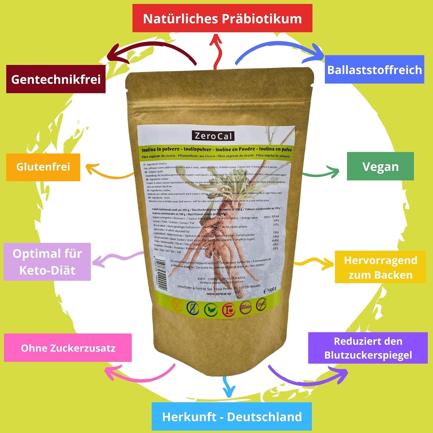 Zerocal - Inulin Powder From Chicory-Wurzel 500 G | Inulin Mit Hohem Ballaststoffgehalt | 100% Vegan Und Glutenfrei | Herkunft Deutschland Sweeteners Naty Shop