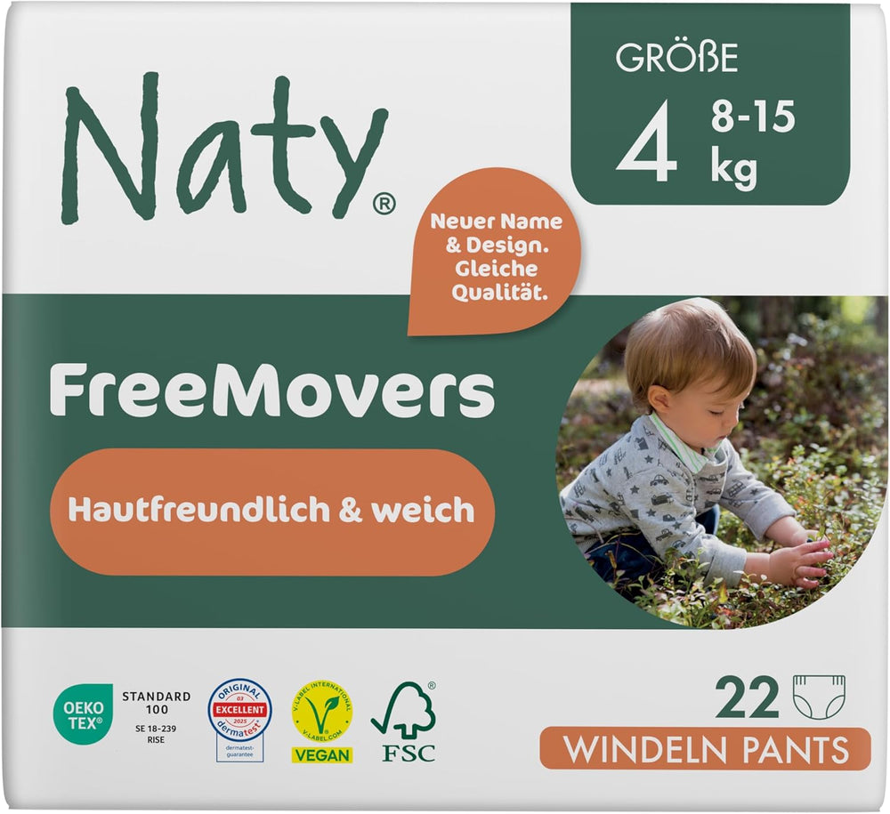 Naty FreeMovers Baby Diapers | Certified Skin Friendly Diaper Covers | Soft and fragrance free | Absorbent and leak-proof | Dermatologically tested Size 5 (12–18 kg) | 80 pieces
