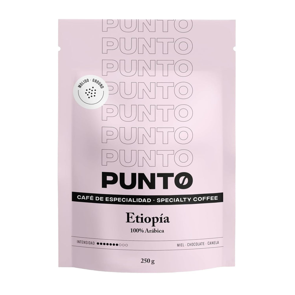 – Cafea etiopiană măcinată – 250 g – Cafea specială – Prăjire medie – 100% Arabica – Note de miere, scorțișoară și ciocolată – Aciditate intensă – Corp mediu