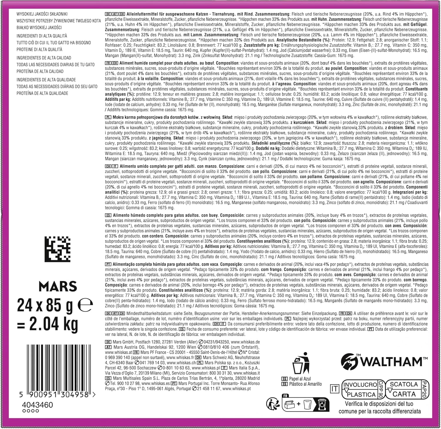 WHISKAS PURE DELIGHT Hrană umedă în jeleu 24 x 85g Ragout clasic (4 pachete) 48 pliculețe porționate