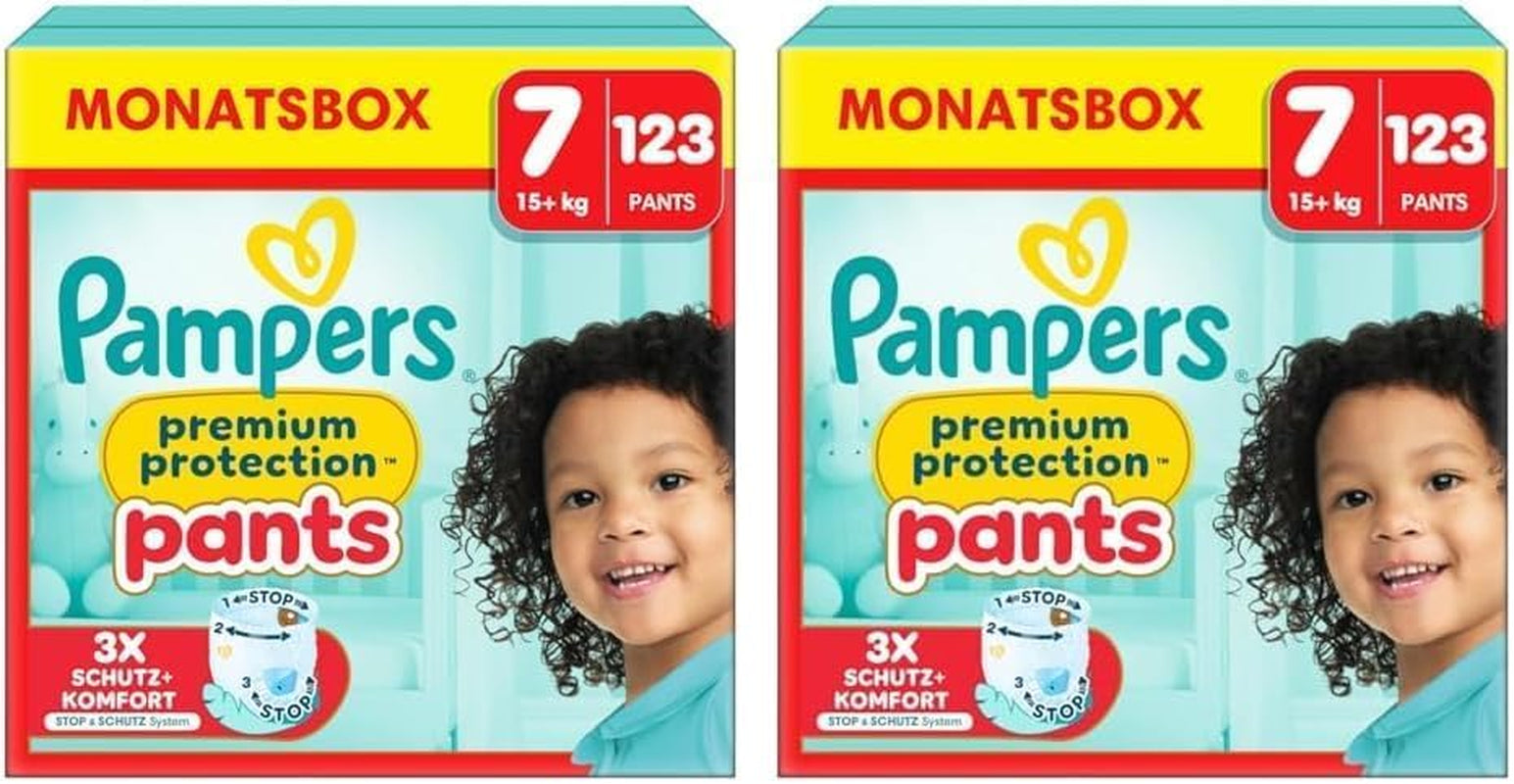 Pampers Premium Protection Pants Size 7, 123 Diapers, 15kg+, with 360° adjustment and soft anti-leak cuffs for optimal comfort and protection