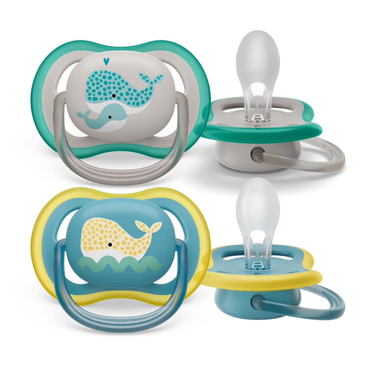 Suzetă Philips Avent Ultra Air - set de 2 suzete, fără BPA, respirabile, pentru bebeluși de la 18 luni, inclusiv cutie de transport și sterilizare, Whale/Whale (Model SCF349/24)