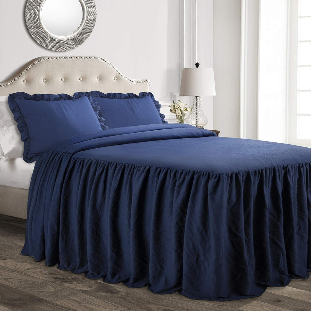 Lush Decor Ruffle Skirt Bedding Set 3 Piece Luxury Farmhouse Bedding Set Elegant Charming Ruffle Detail Timeless Style and Classic Design Soft and Lightweight King Size Lush Decor Beds and Comforters Navy Blue King