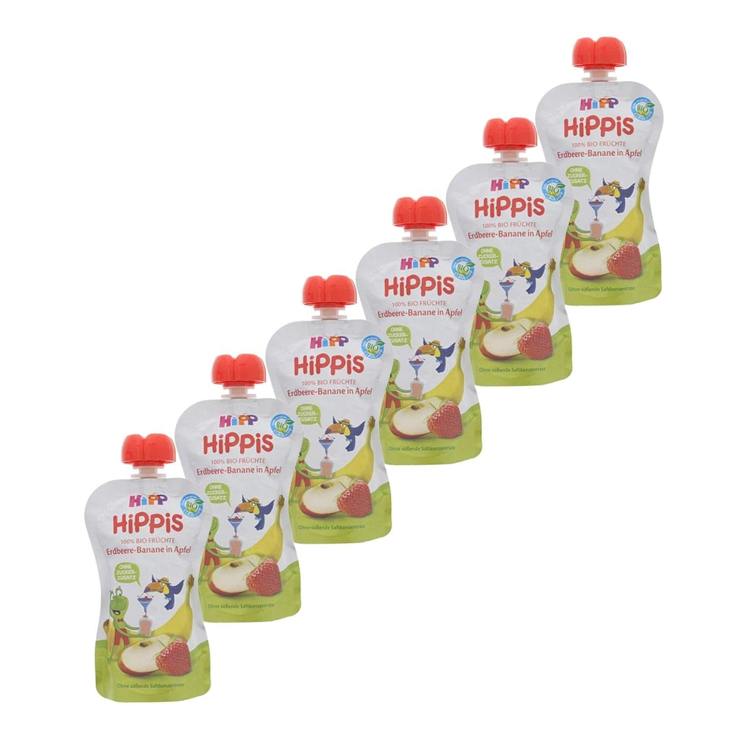 Hipp Super-Hippis squeeze bags, pomegranate acerola in apple-raspberry, 100% organic fruit without added sugar, 6 bags of 100 g Mother and Child Naty Shop 6 x 100 grams Strawberry Banana Apple