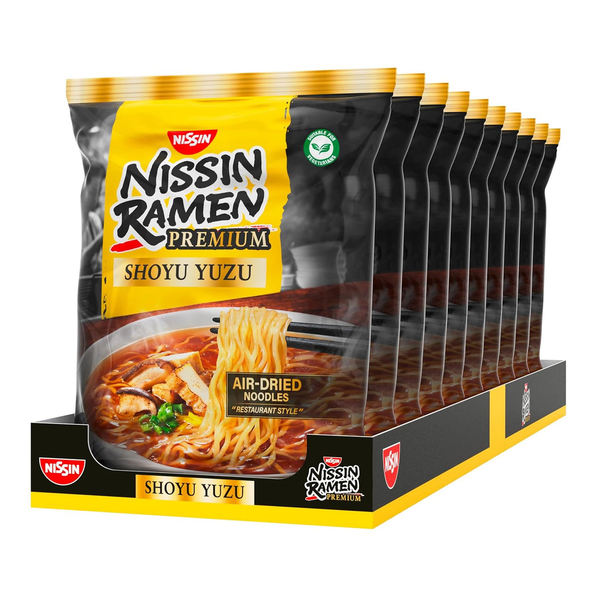 Nissin Ramen Premium - Shoyu Yuzu 10 Pack Japanese Style Air Dry Instant Noodles Flavored with Yuzu Soy Sauce and Dried Leek (10 x 92.7g)