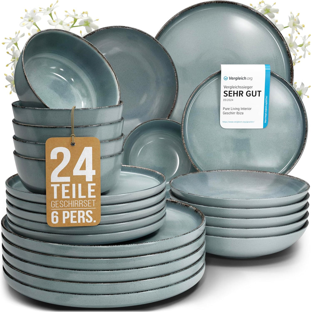 Steingut Geschirrset 6 Personen Rustic 24 tlg. TESTSIEGER, Hochwertiges Landhaussttil Steingut Geschirr Set, Schüssel- und Teller Set, Tafelservice 6 Personen, Geschirrsets Pure Living in Rauchblau