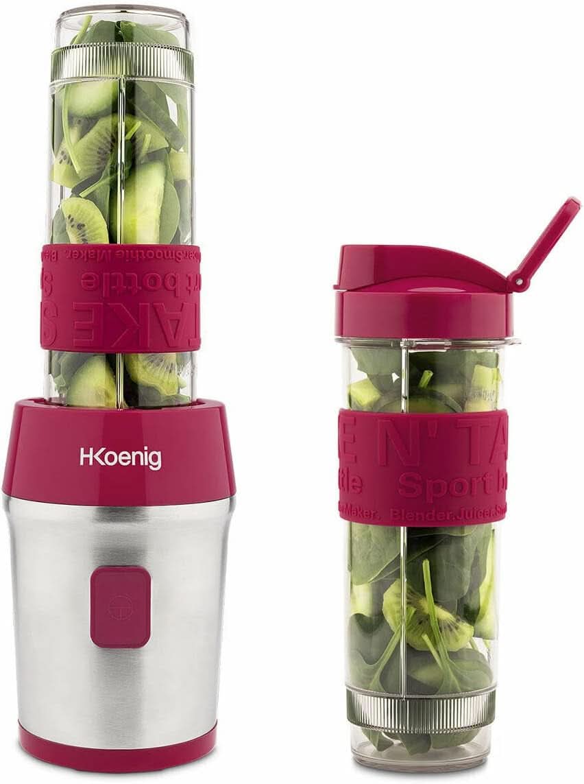 H.Koenig Smoothie Maker SMOO9 - Mini Standmixer - Mini Blender - 300 Watt - 570 Ml - Edelstahl - 2 Kunststoffflaschen - Bpa-Frei, Grau Kitchen Naty Shop Pink