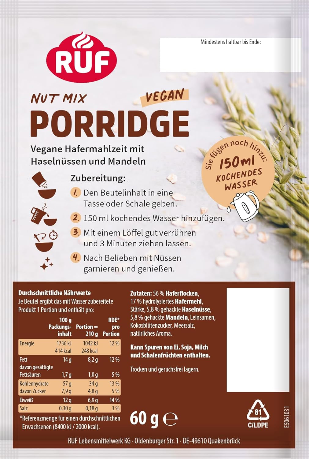 RUF Vegan Porridge with Nuts and Oats, oat flakes with almonds, hazelnuts and flax seeds, easy to prepare, in a practical portion pack, 1 x 60 g