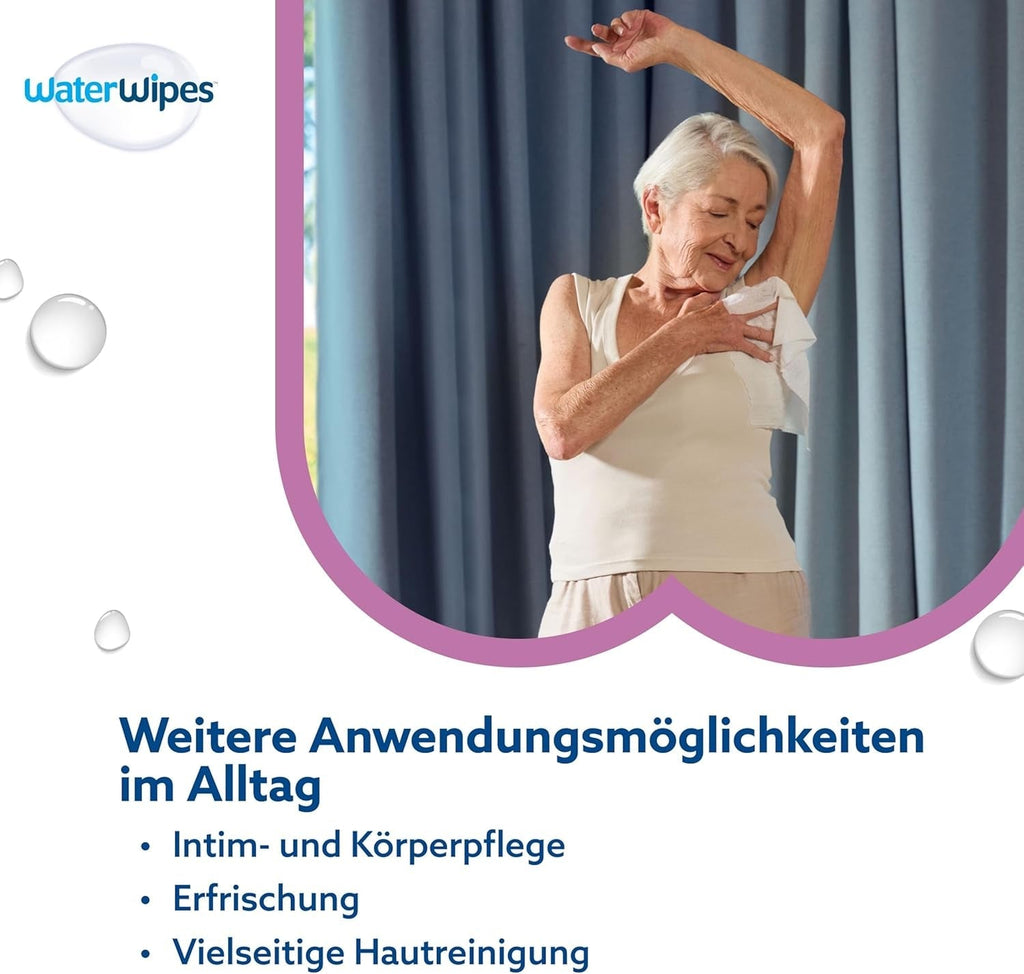 Waterwipes Adult Care Body & Intimate Hygiene Wipes, 180 șervețele (6 pachete), 99,9% apă, 3-In-1 Curăță, Hrănește, Protejează, Neparfumate, Ambalajul poate varia