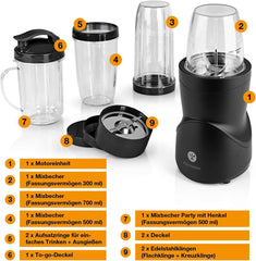 Smoothie Maker 12-Tlg | To-Go Deckel & 4 Mixbehälter | Für Obst, Gemüse & Nüsse | Myth Ice-Crush Funktion | Mini-Standmixer Zum Mixen, Rühren, Zerkleinern, Mahlen, Hacken & Pürieren | BPA-Free Kitchen Naty Shop