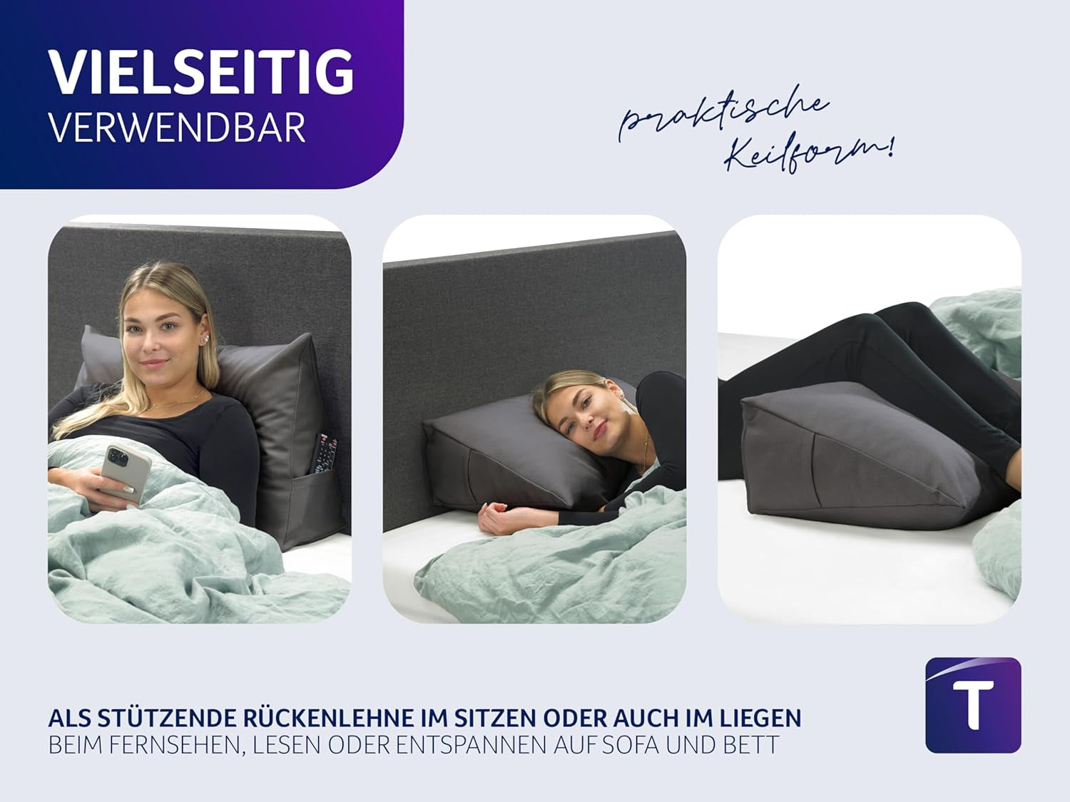 Pernă de citit Traumnacht Cozy Back Cushion, 70 x 40 cm gri închis, husă detașabilă și lavabilă din 100% poliester, buzunar lateral practic, certificată Oeko-Tex, produsă conform standardelor germane de calitate