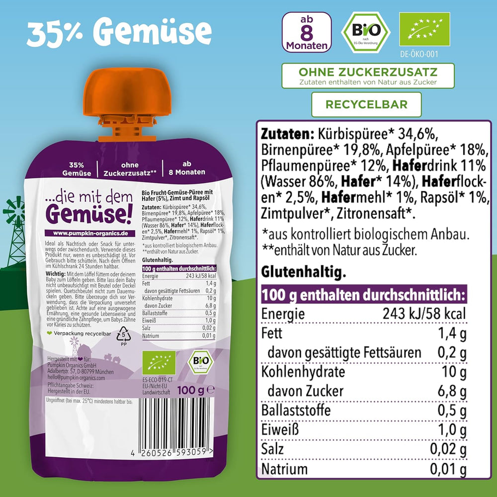 Pumpkin Organics Bio Gemüse-Getreide-Quetschie Kürbis, Birne, Apfel, Pflaume, Hafer ohne Zuckerzusatz¹ - ab 8 Monaten - als Snack oder Beikost für unterwegs (100g)