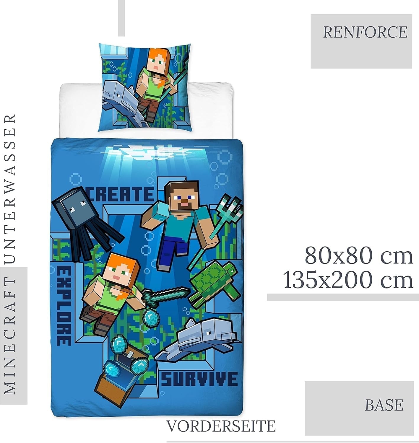 Minecraft Bedding Kinderbettwäsche Jugendbettwäsche 135X200 · Unterwasserwelt · Wende Motiv · Kissenbezug 80X80 + Bettbezug 135X200 Cm · 100% Baumwolle · Deutsche Größe Naty Shop