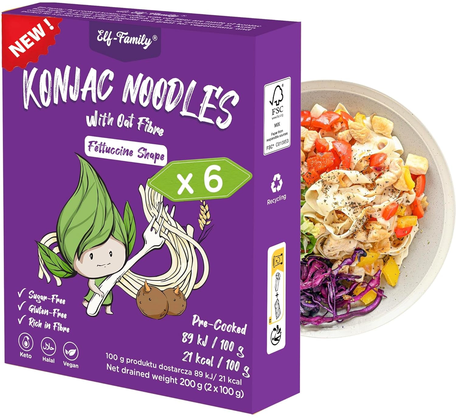 Premium Konjac Noodles from Thailand, Vegan, Gluten Free - 240g x Pack of 6 (12 Packs), Elf-Family Shirataki Noodles, Instant Noodles, Pasta/Keto/Low Carb/Low Calorie/Sugar Free - Spaghetti and Fettuccine