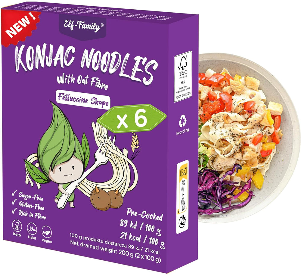 Premium Konjac Noodles from Thailand, Vegan, Gluten Free - 240g x Pack of 6 (12 Packs), Elf-Family Shirataki Noodles, Instant Noodles, Pasta/Keto/Low Carb/Low Calorie/Sugar Free - Spaghetti and Fettuccine