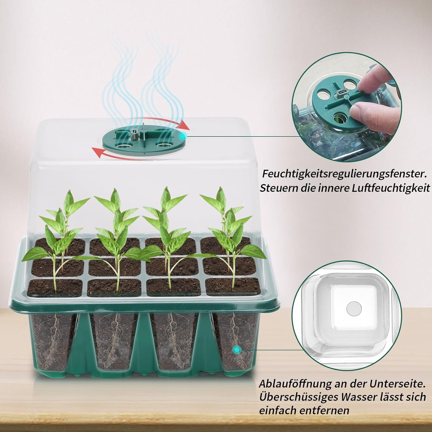 Indoor Greenhouse Propagation Tray 2 Piece Mini Greenhouse Propagation Set with Raised Lid Seedling Starter with Full Spectrum Plant Lights Trays Greenhouse Plant Propagation Tray