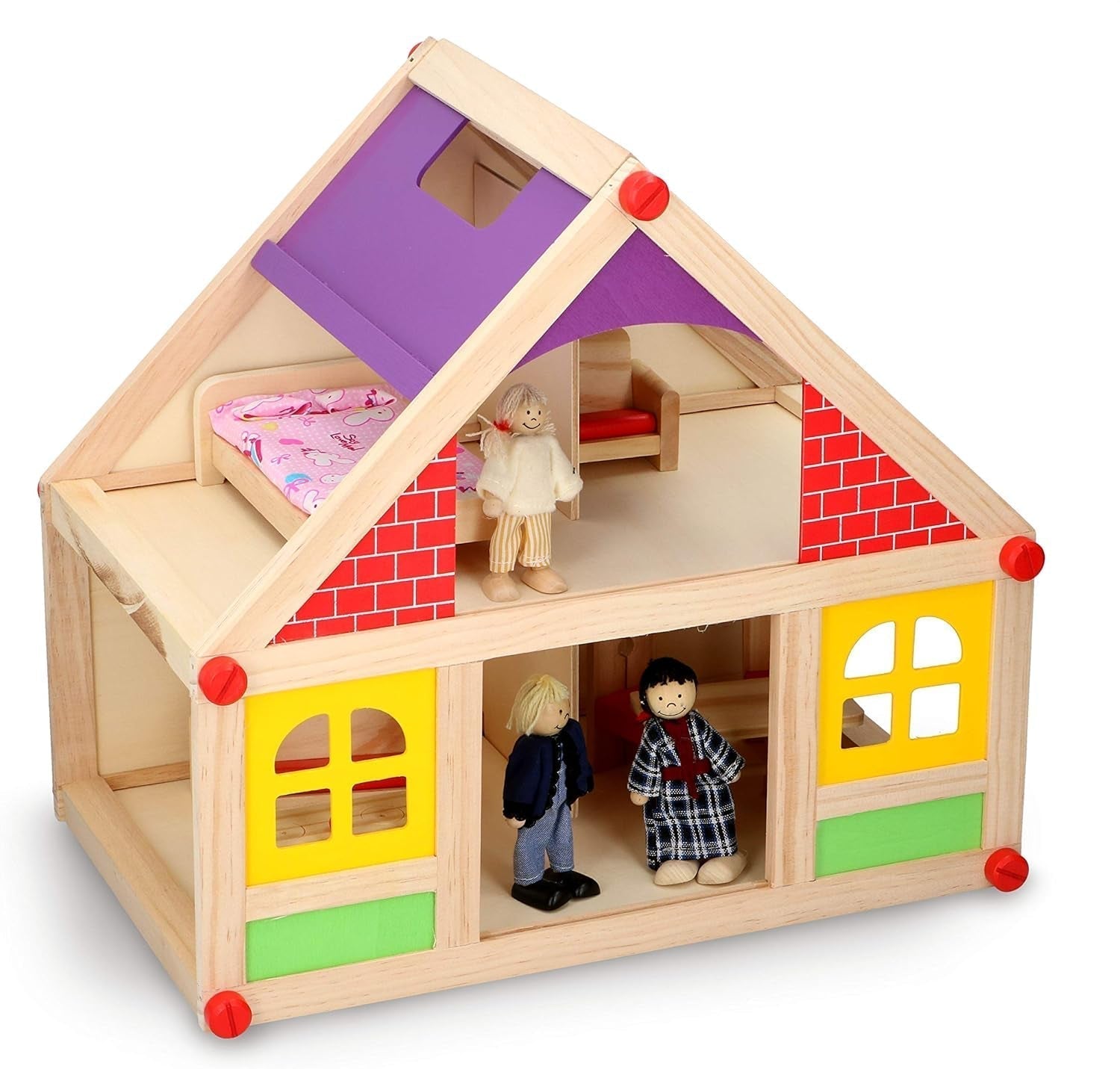 Marionette Wooden Toys - Casă de păpuși din lemn cu mobilier și păpuși - 11 bucăți Casute de papusi Naty Shop