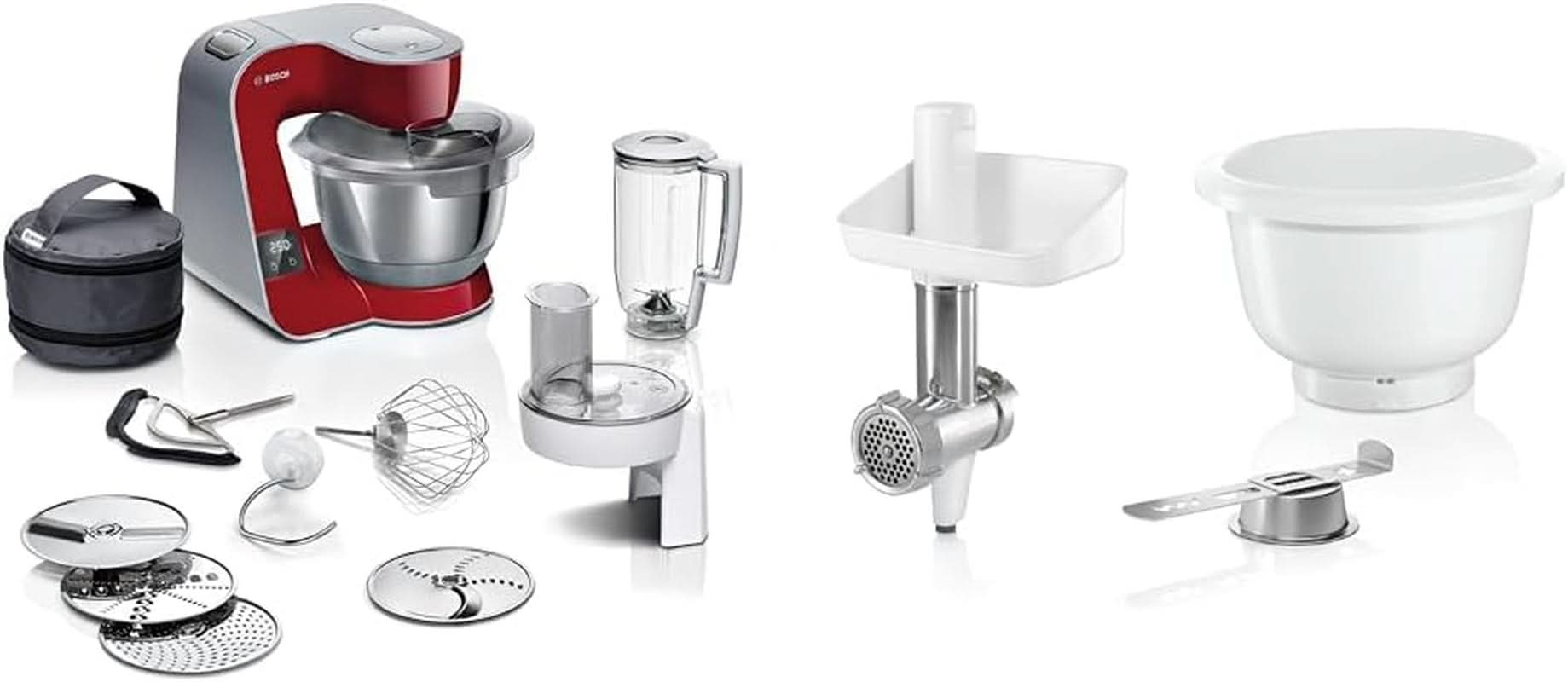 Bosch Series 4 MUM5X720 food processor, integrated scale, stainless steel bowl 3.9L, mixer 1.25L, 1000W Accessories Food and Breastfeeding Baby Naty Shop Bundle with Bakingsensation Dark red / silver 2 accessories