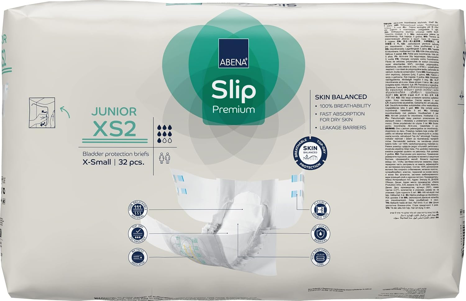 Premium Junior Slip Diapers, Eco-labelled, Enhanced Leak Protection, Safe & Comfortable Baby Diapers - Size 7/XS2, Waist Circumference 40-60cm, Ages 5-15 Years, 1 x 32 Pack