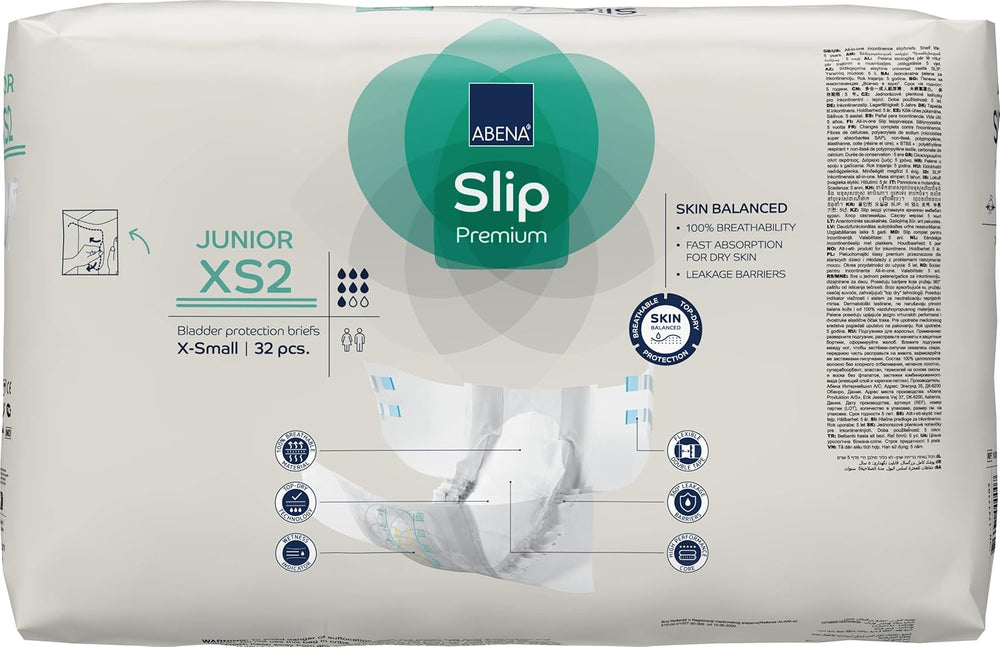 Premium Junior Slip Diapers, Eco-labelled, Enhanced Leak Protection, Safe & Comfortable Baby Diapers - Size 7/XS2, Waist Circumference 40-60cm, Ages 5-15 Years, 1 x 32 Pack