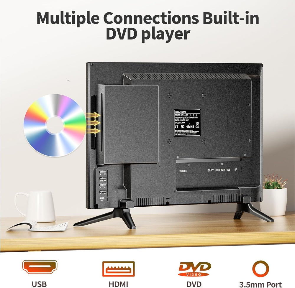 Noi îmbunătățiri - Televizor mic Desobry de 22 de inci cu DVD player, mini TV 1080P tuner DVB-T2 cu antenă, intrare HDMI/USB, combinație TV-DVD de 12V pentru autorulote, bucătării și camere mici