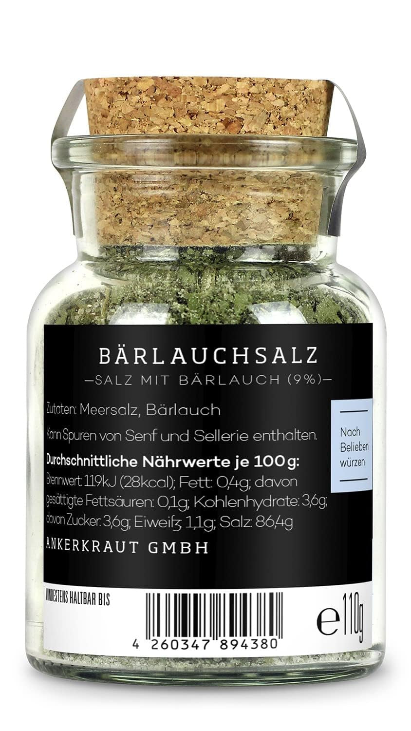 Ankerkraut Bärlauch Salz, Lecker Fleisch und Salat Verfeinern, Knoblauch-like Gesmack Aroma, Kräuter mit Gewürz zum Kochen, 110 g im Corkenglas