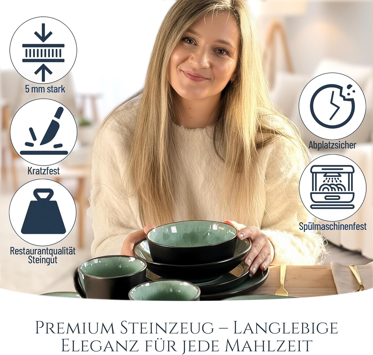 Set de veselă din gresie ceramică, format din 24 de piese, pentru 6 persoane, design Ibiza, CÂȘTIGĂTOR AL TESTULUI. Un set de veselă mediteraneană superb, inclusiv boluri și farfurii. Set de veselă Pure Living, verde salvie.