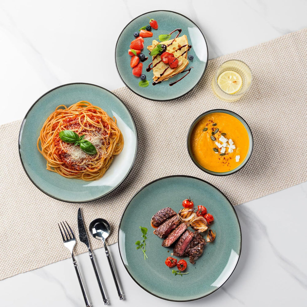 Set de veselă GBhome din gresie pentru 4 persoane, 12 piese, glazură reactivă, lucrat manual, potrivit pentru cuptorul cu microunde și mașina de spălat vase, set de bol și farfurie, culoare petrol, GDW025WB-EU