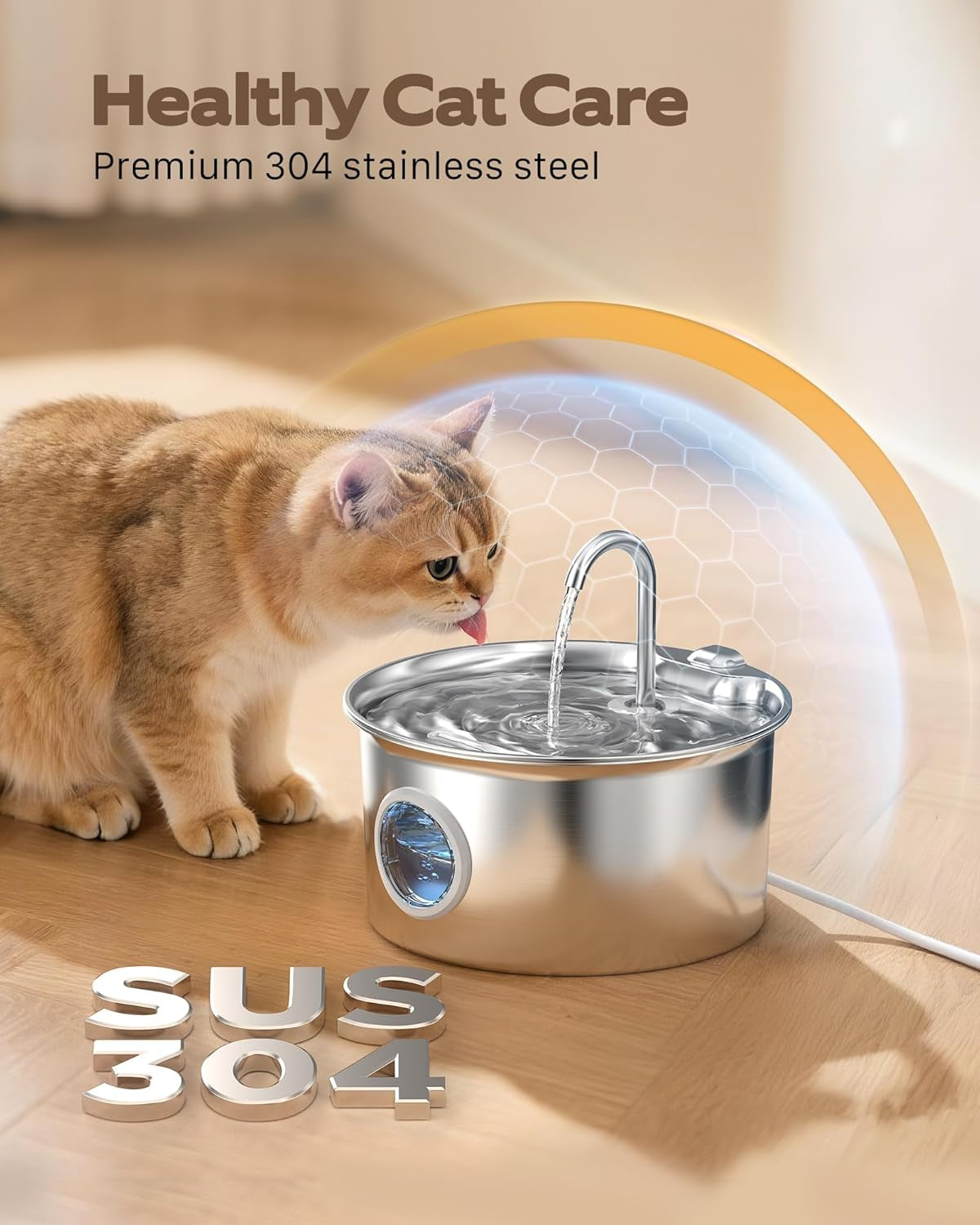 Katzenbrunnen Edelstahl Trinkbrunnen für Katze: Katzen Trinkbrunnen Leise - 2.6L Automatic Katzentrinkbrunnen mit Wasserstandsfenster - Haustierbrunnen für Kleine Hunde - Mehrschichtiges Filtersystem